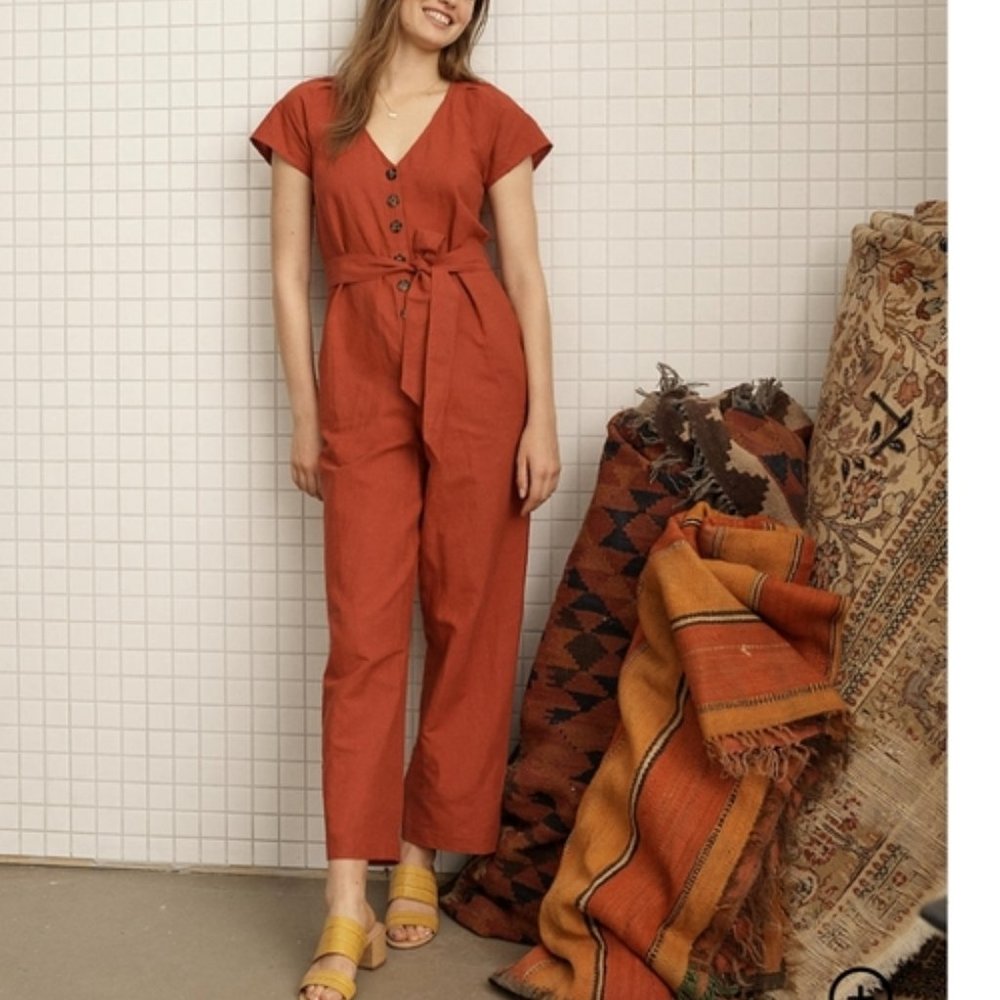 Madewell Linen-Cotton Pleat-Sleeve Jumpsuit Dark Cinnabar 6